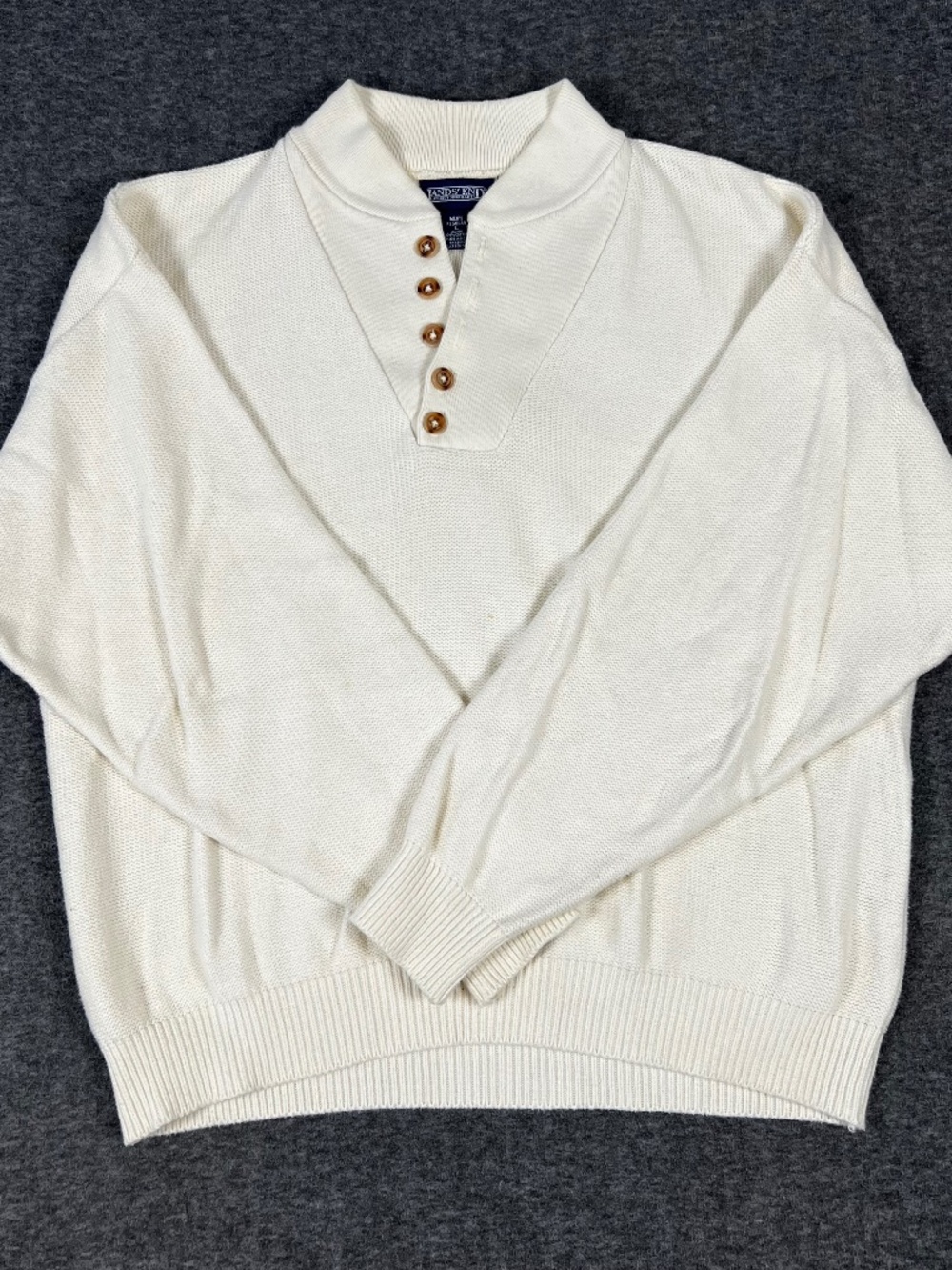 Vintage Lands End Knit Henley Sweater Men's Large White Fisherman Made in USA